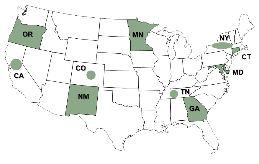 U.S. map highlights 10 areas participating in ABCs surveillance: entire states of Connecticut, Georgia, Maryland, Minnesota, New Mexico and Oregon as well as specific areas within California, Colorado, New York and Tennessee.