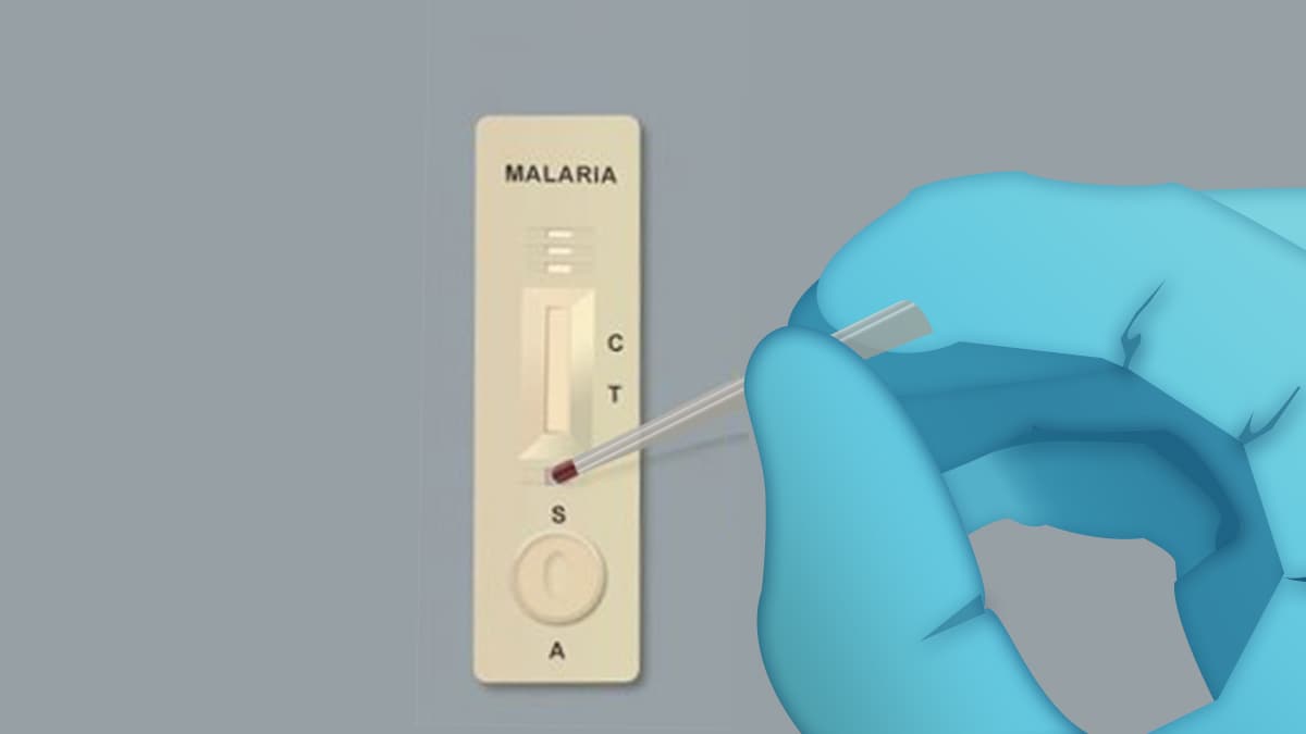 illustration of a blue gloved hand dropping blood into the sample well of a test device