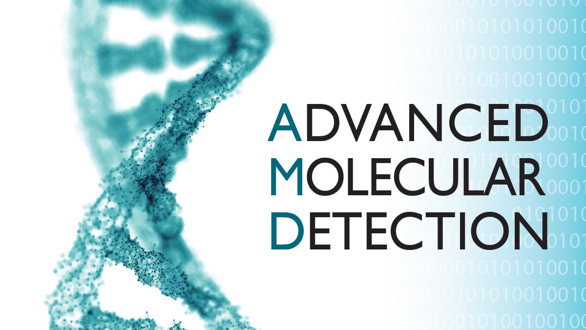 DNA strand with a background of zeroes and ones. Text: Advanced Molecular Detection