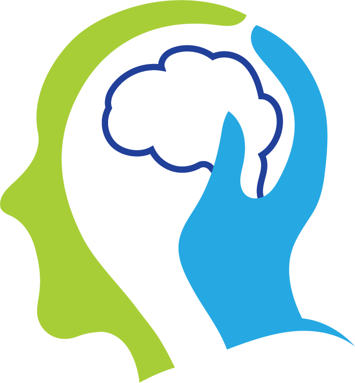 Icon showing a brain inside of a head with a portion of the head shaped like a hand