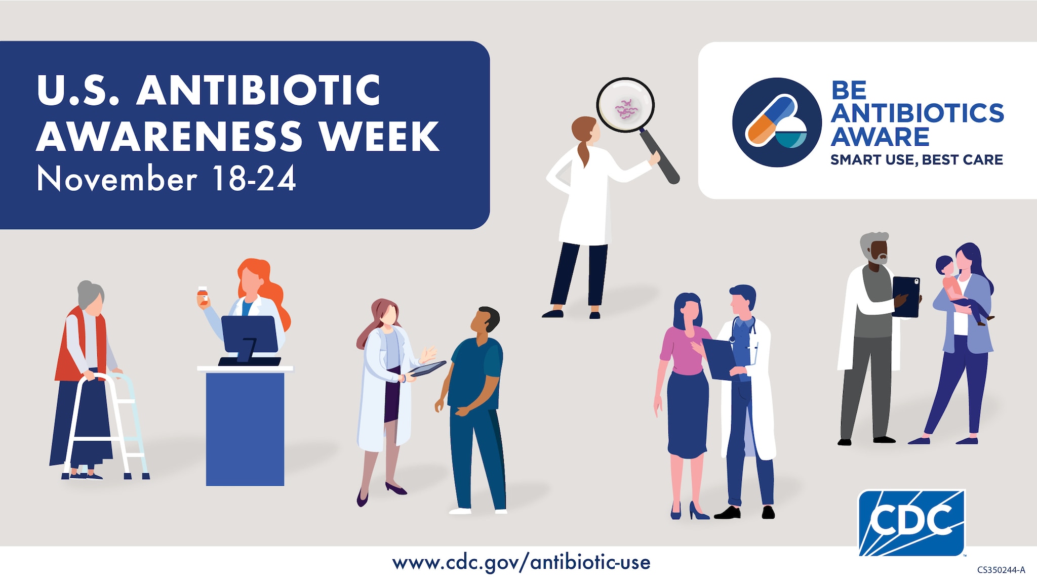 Graphic includes images of several healthcare professionals and patients. “U.S. Antibiotic Awareness Week November 18-24 in large dark blue box at top of graphic. Be Antibiotics Aware: Smart Use, Best Care logo in white box on top left of graphic.