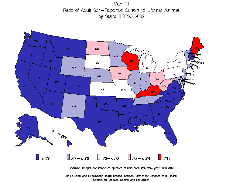 Map R1 (color) - Ratio of Adult Self-Reported Current to Lifetime Asthma by State: BRFSS 2002