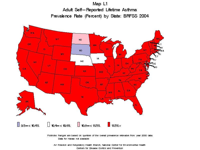 map L1 adult self reported lifetime asthma prevalence rate by state BRFSS2004