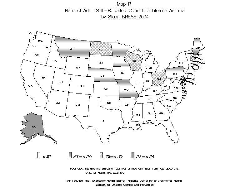 Map R1 (black and white) - 2004 Ratio of Adult Self-Reported Current to Lifetime Asthma by State: BRFSS