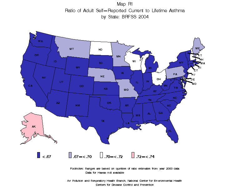 Map R1 (color) - 2004 Ratio of Adult Self-Reported Current to Lifetime Asthma by State: BRFSS