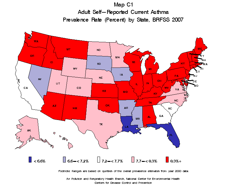 map c1 adult self reported current asthma prevalence rate(percent) by state BRFSS 2007