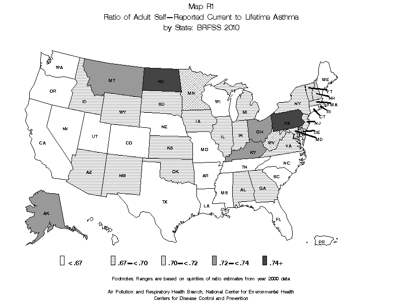 Map R1 (black and white) - Ratio of Adult Self-Reported Current to Lifetime Asthma by State: BRFSS 2010