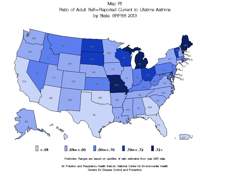 Map R1 (color) - Ratio of Adult Self-Reported Current to Lifetime Asthma by State: BRFSS 2013