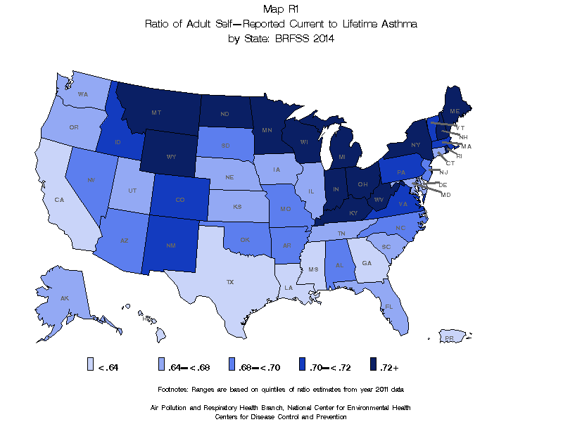 Map R1 (color) - Ratio of Adult Self-Reported Current to Lifetime Asthma by State: BRFSS 2014