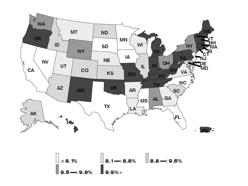 Adult self-reported current asthma prevalence rate (percent) by state: BRFSS 2016