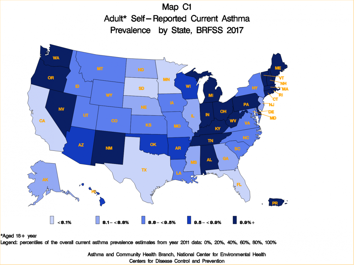 Ratio of Adult self-reported Current to Lifetime asthma by state - BRFSS 2017