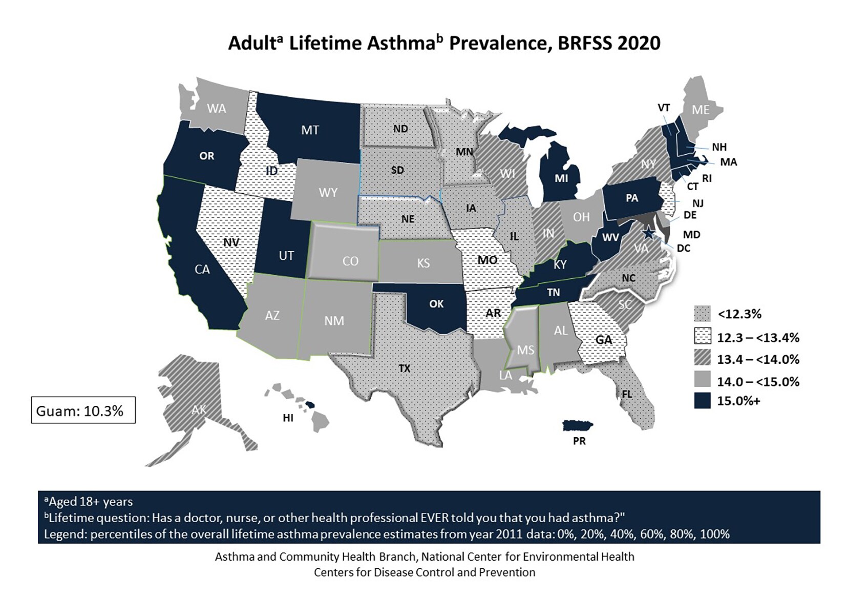 Black and white U.S. map showing adult self-reported lifetime asthma prevalence by state for BRFSS 2020