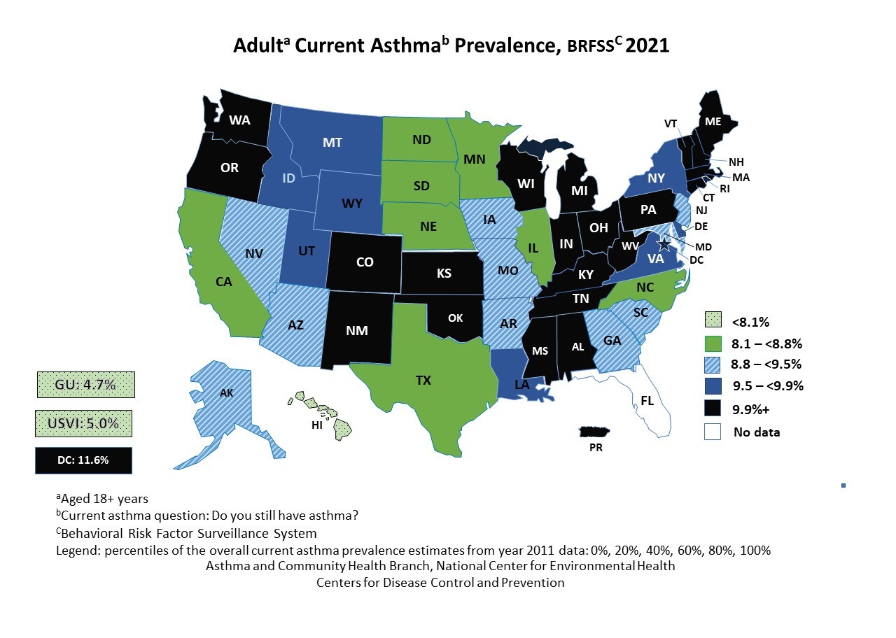 U.S. map showing adult self-reported current asthma prevalence by state for BRFSS 2020