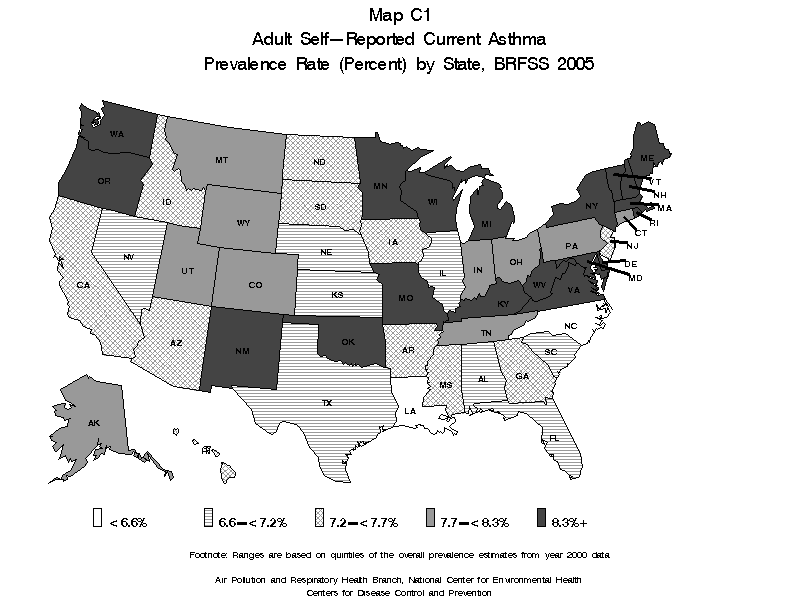 Map C1 (black and white) - Adult Self-Reported Current Asthma Prevalence Rate (Percent) by State