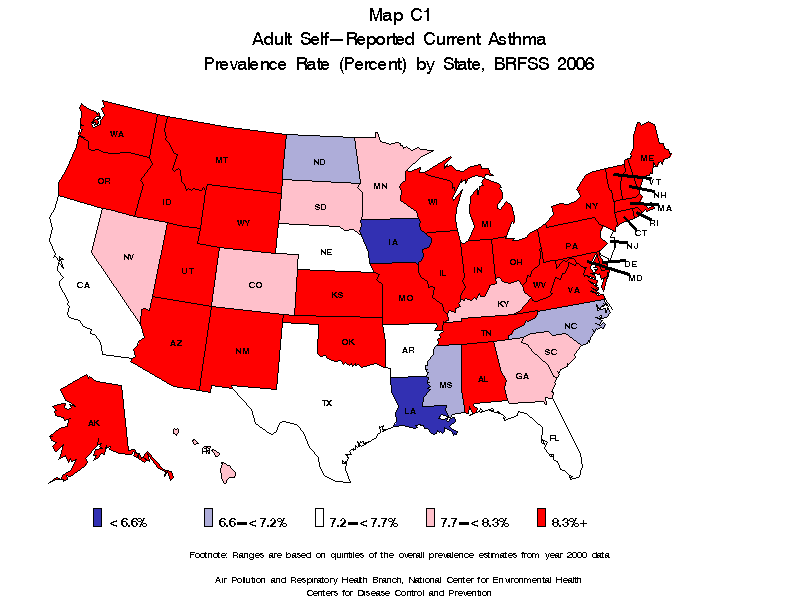 Map C1 (color) - Adult Self-Reported Current Asthma Prevalence Rate (Percent) by State