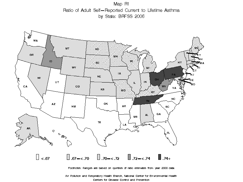 Map R1 (black and white) - Ratio of Adult Self-Reported Current to Lifetime Asthma by State: BRFSS 2006