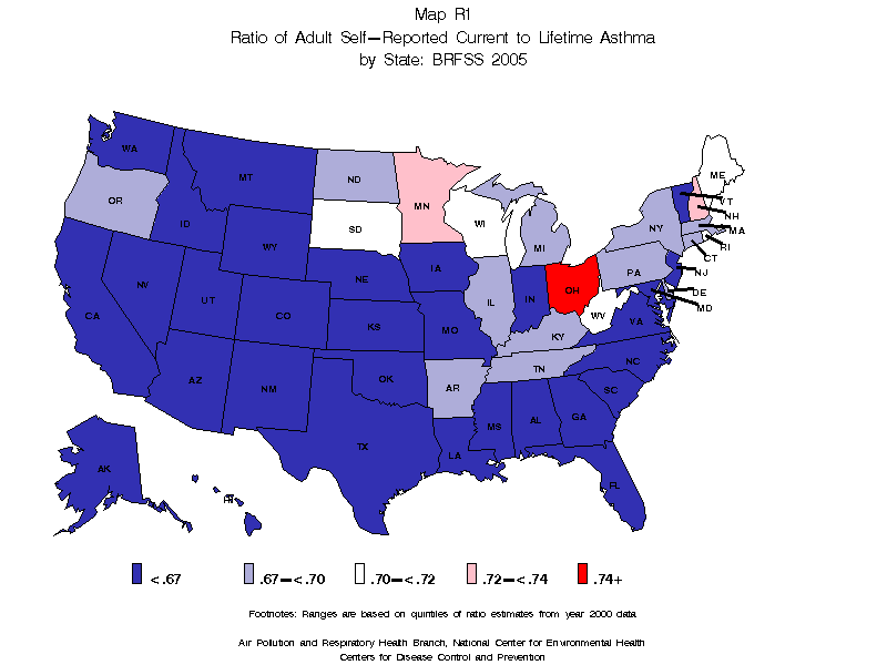 Map R1 (color) - Ratio of Adult Self-Reported Current to Lifetime Asthma by State: BRFSS 2005