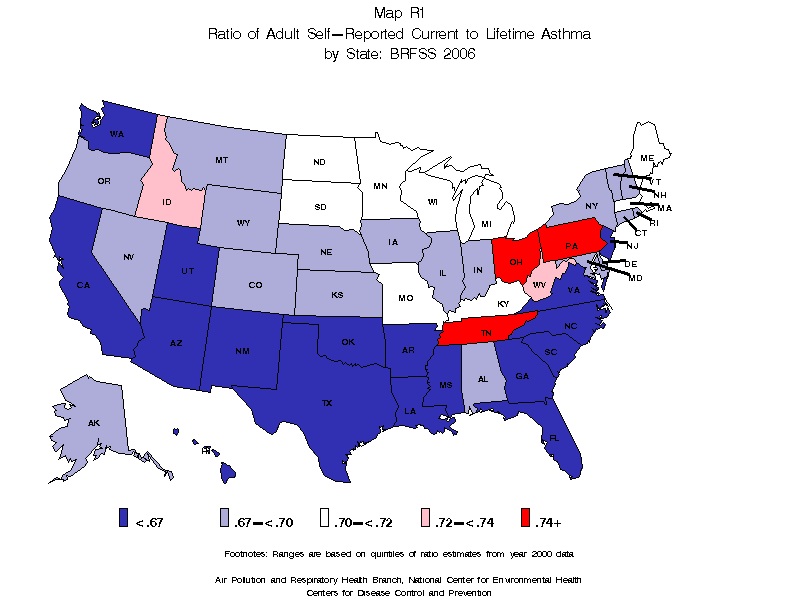 Map R1 (color) - Ratio of Adult Self-Reported Current to Lifetime Asthma by State: BRFSS 2006