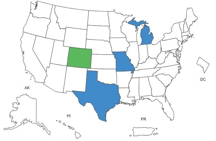 Map of the US. States highlighted include Texas, Missouri, Colorado, and Michigan.