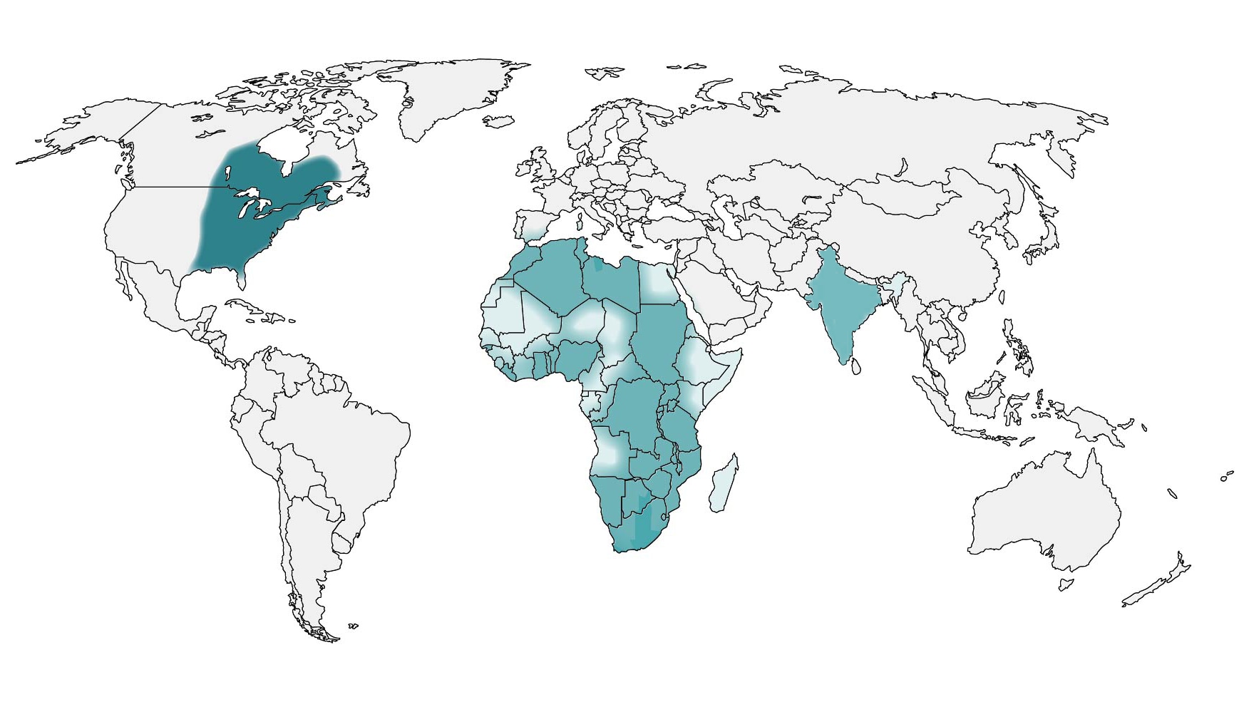 World map showing patient living in or having traveled to a blastomycosis-endemic area - United States east of the Mississippi and much of Africa