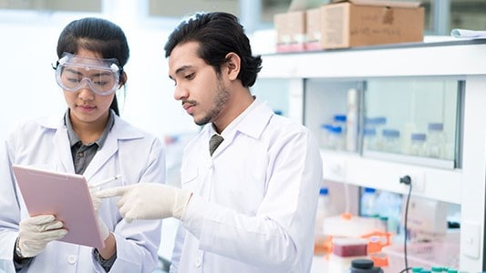 Lab technicians looking at a report.