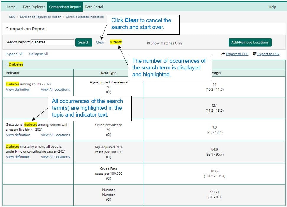 Instructions to enter criteria in the search report field and click search to view results.