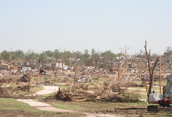 A neighborhood destroyed by a tornado