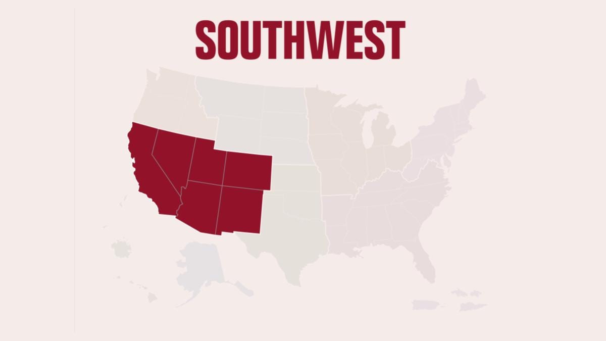 Map of the United States, with the Southwest region highlighted