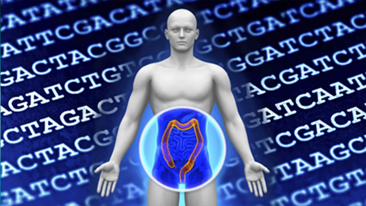 Image of a male with the anatomy of the colon highlighted with sequencing in the background