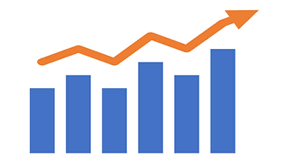 Bar chart of blue bars showing up and down trend and orange arrow on top of chart trending mostly upward.