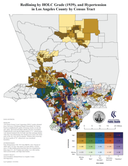 A colored map of the prevalence of hypertension and Home Owner’s Loan Corporation grades by census tracts in Los Angeles County. The boundaries represent census tracts and the color coded shading represents the relationship between 1939 Home Owner’s Loan Corporation grades and 2014