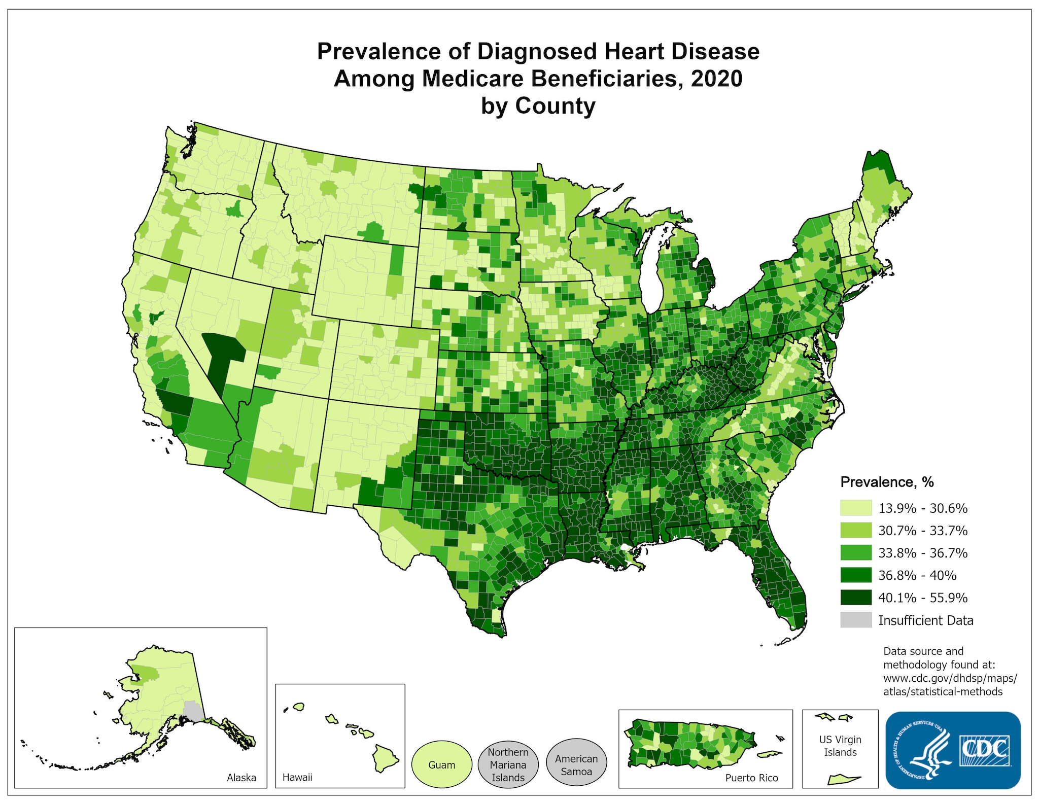 Prevalence of Diagnosed Heart Disease Among Medicare Beneficiaries Enrolled in Fee-for-Service Medicare, 2015, by county. This map shows the concentrations of counties with the highest prevalence for heart disease – meaning the top quintile – are located primarily in Louisiana, Alabama, Tennessee, Oklahoma, West Virginia, Ohio, Pennsylvania, and New York, with pockets located along the eastern seaboard, Michigan, Arkansas, Arkansas, Missouri, and Nebraska.