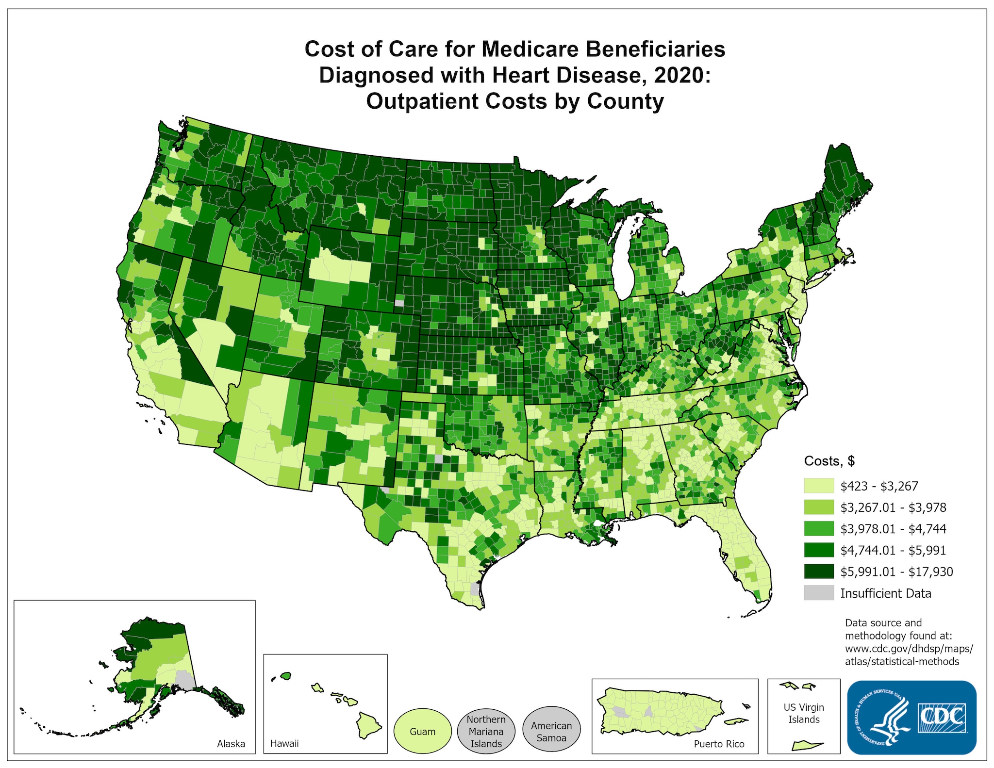 Costs of Care per Capita for FFS Medicare beneficiaries diagnosed with Heart Disease, 2015: Outpatient Costs, by county. This map shows the concentrations of counties with the highest outpatient costs per capita – meaning the top quintile – are located primarily in Minnesota, North Dakota, Montana, Idaho, South Dakota, Iowa, Kansas, Nebraska, Maine, with pockets in Nevada, east central California, Oregon, and Washington.