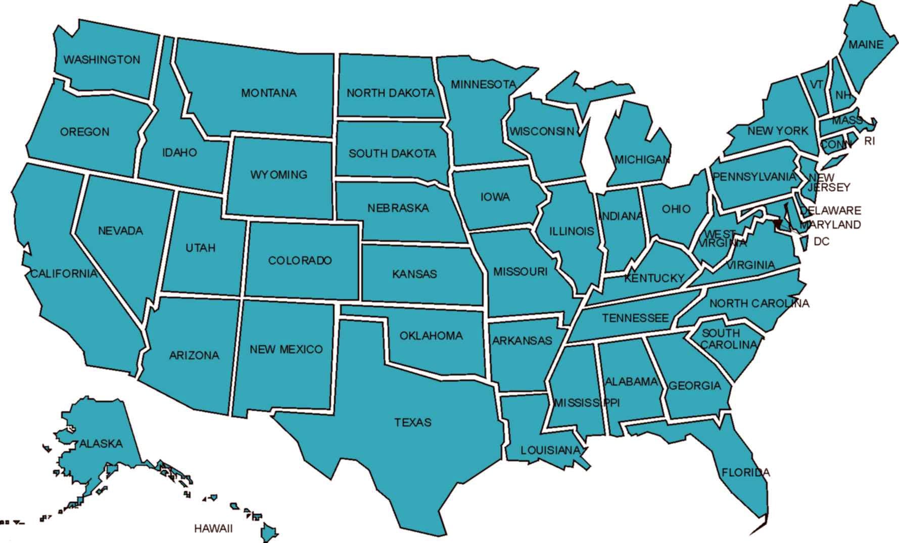 United States map with state borders and the name of each state.