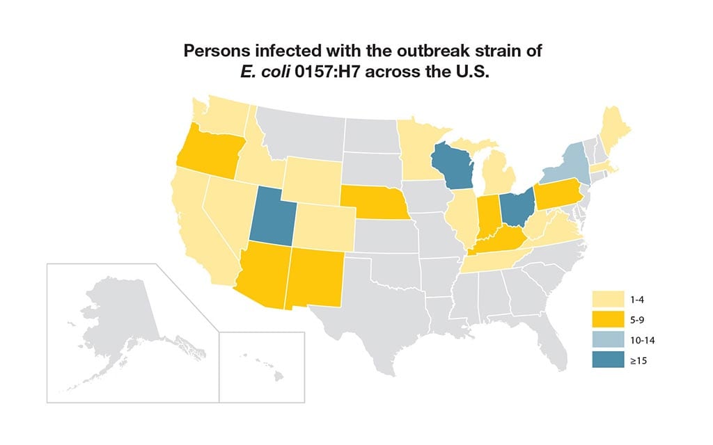 Number of confirmed cases of <em>E. coli</em> O157:H7 from August 1 - September 26, 2006.