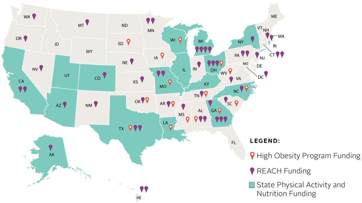 US map showing which states have SPAN, HOP, or REACH funding.