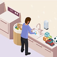 Illustration of a person cleaning and disinfecting items