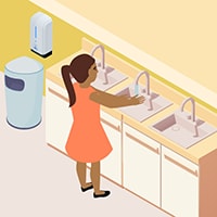 Illustration of a woman washing her hands in a public bathroom.