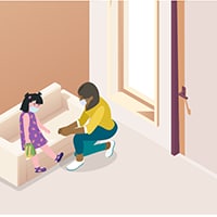 Illustration of a mother and daughter. Daughter is being isolated because she is sick.