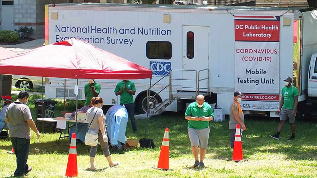 4 people walk around a trailer with "National Health and Nutrition Examination Survey" written on it. A sign on the trailer says "COVID Mobile Testing Unit"