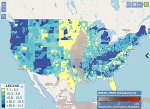 Data Explorer map view of "Prevalence of Adult Asthma with Current Surface Smoke Overlay Layer."