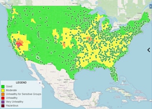 Data Explorer map view of "Forecasted Air Quality and the Distribution of U.S. Nursing Homes Point of Interest Layer"