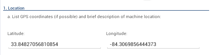 Screen shot of the latitude and longitude fields. Coordinates are displayed in a list view once retrieved.