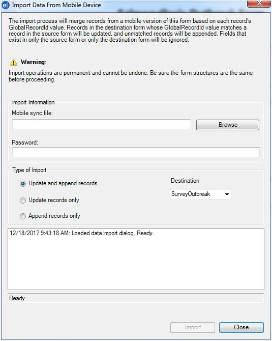 Screen shot of the Import Data from Mobile Device dialog box.