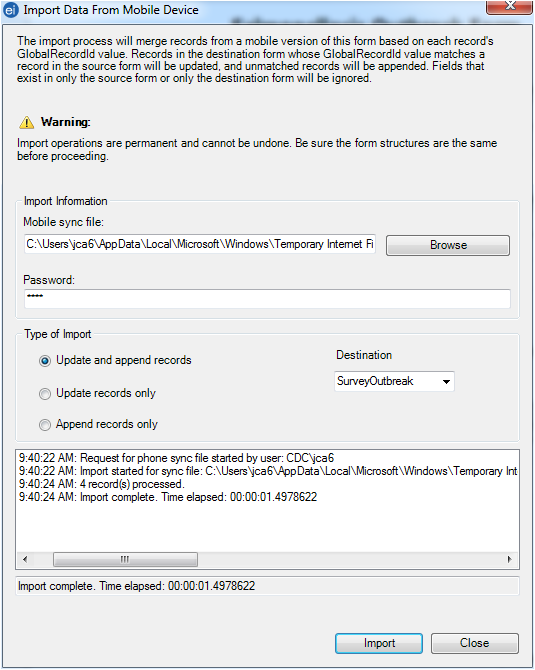 Screen shot of the Import Data from Mobile Device dialog box after the import process has been completed successfully.