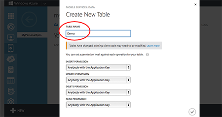 Create the data table in a cloud service