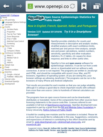 Screen shot of the OpenEpi website with open source Epi Stats.
