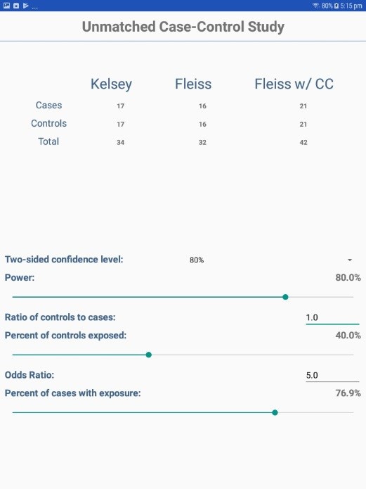 Screen shot of Unmatched Case-Control option in StatCalc