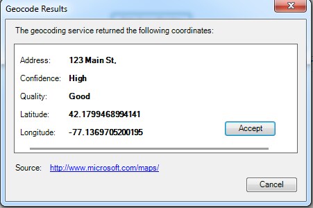 Geocode Results dialog box