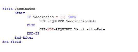 Check Code Sample showing the SET-REQUIRED and SET-NOT-REQUIRED commands